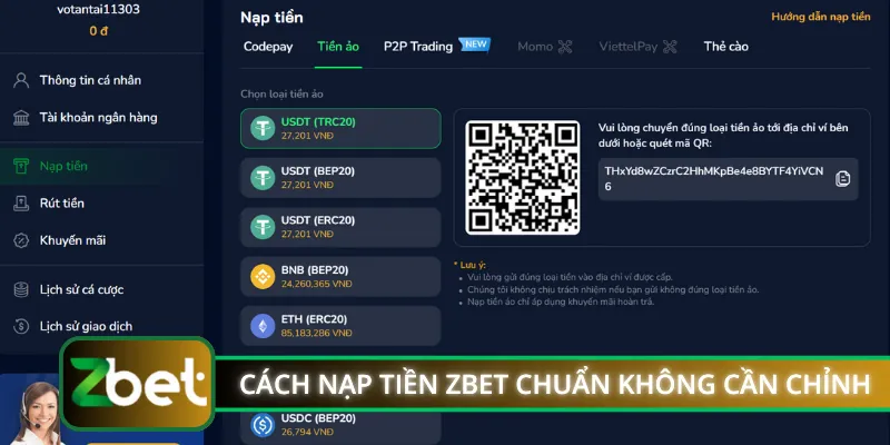 Cách nạp tiền ZBET chuẩn không cần chỉnh